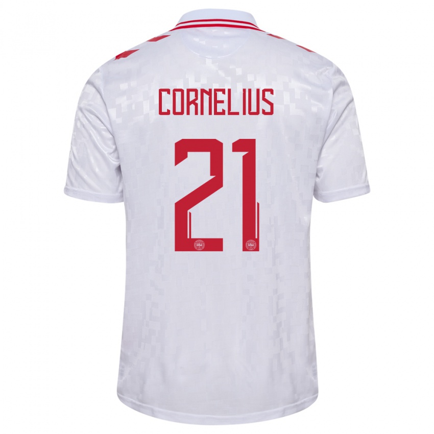 Uomo Maglia Danimarca Andreas Cornelius #21 Bianco Kit Gara Away 24-26 Maglietta