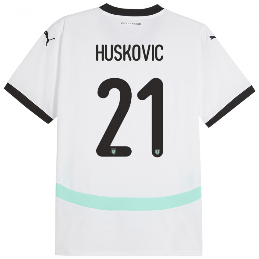 Uomo Maglia Austria Muharem Huskovic #21 Bianco Kit Gara Away 24-26 Maglietta