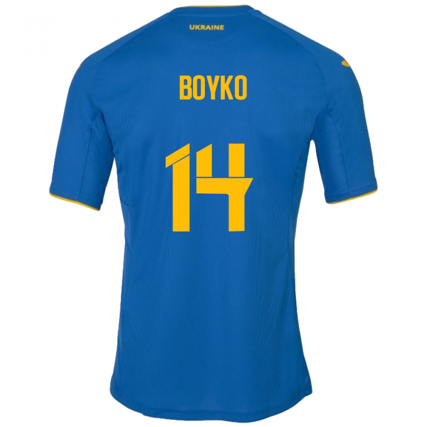 Uomo Maglia Ucraina Evgen Boyko #14 Blu Kit Gara Away 24-26 Maglietta