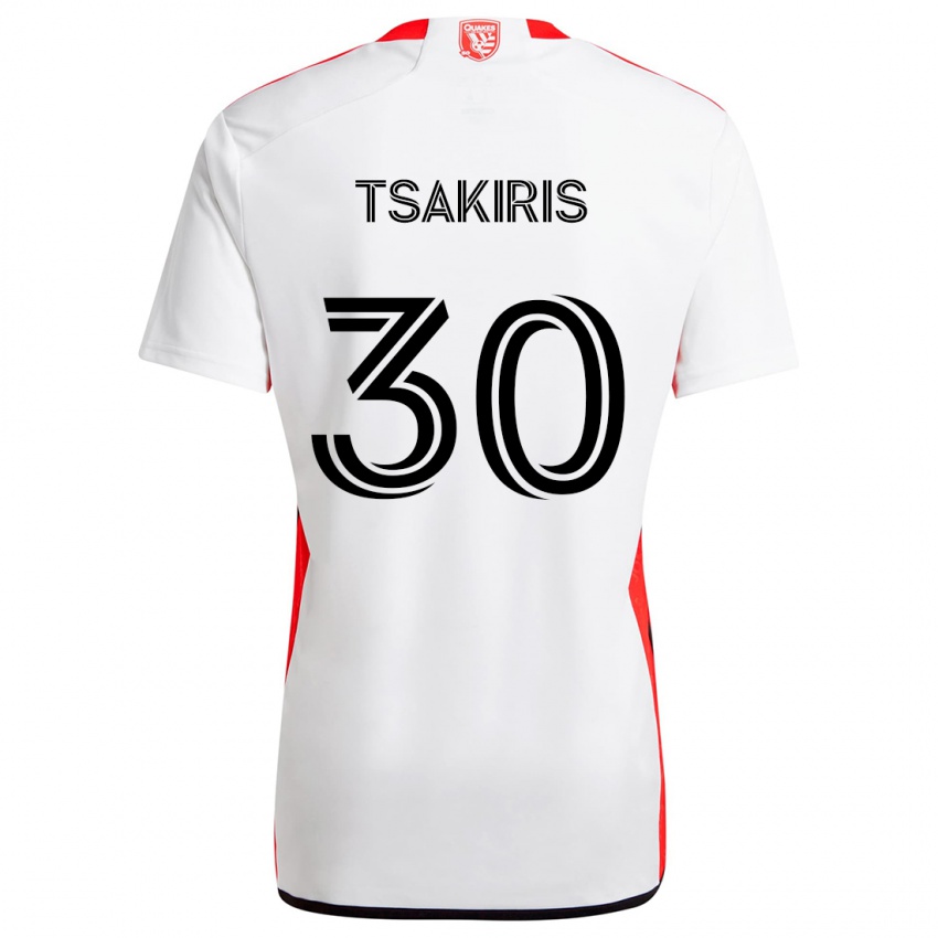 Bambino Maglia Niko Tsakiris #30 Bianco Rosso Kit Gara Away 2024/25 Maglietta