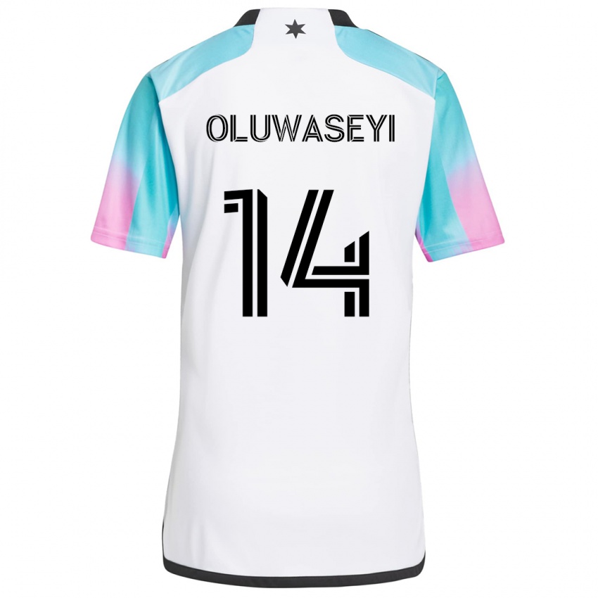 Bambino Maglia Tani Oluwaseyi #14 Bianco Blu Nero Kit Gara Away 2024/25 Maglietta