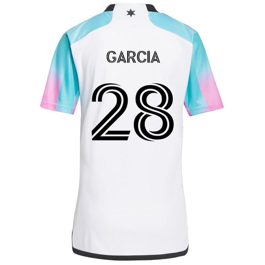 Bambino Maglia Mender García #28 Bianco Blu Nero Kit Gara Away 2024/25 Maglietta