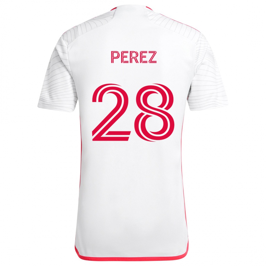 Bambino Maglia Miguel Perez #28 Bianco Rosso Kit Gara Away 2024/25 Maglietta