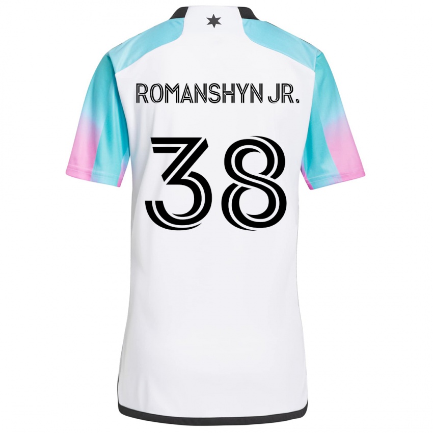 Uomo Maglia Kage Romanshyn Jr. #38 Bianco Blu Nero Kit Gara Away 2024/25 Maglietta