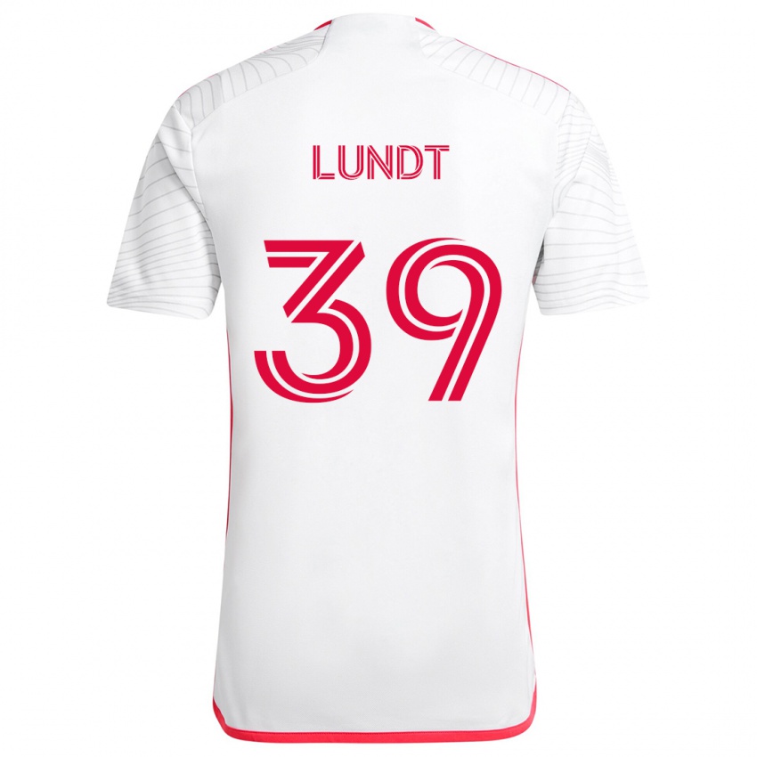 Uomo Maglia Ben Lundt #39 Bianco Rosso Kit Gara Away 2024/25 Maglietta