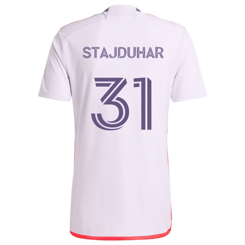 Uomo Maglia Mason Stajduhar #31 Bianco Rosso Viola Kit Gara Away 2024/25 Maglietta