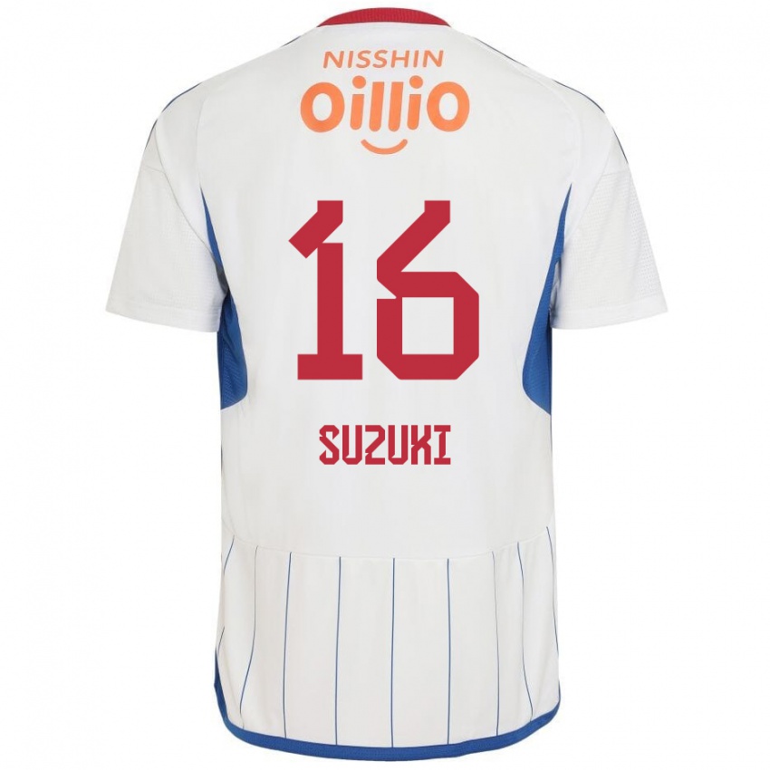 Bambino Maglia Kai Suzuki #16 Bianco Blu Rosso Kit Gara Away 2024/25 Maglietta