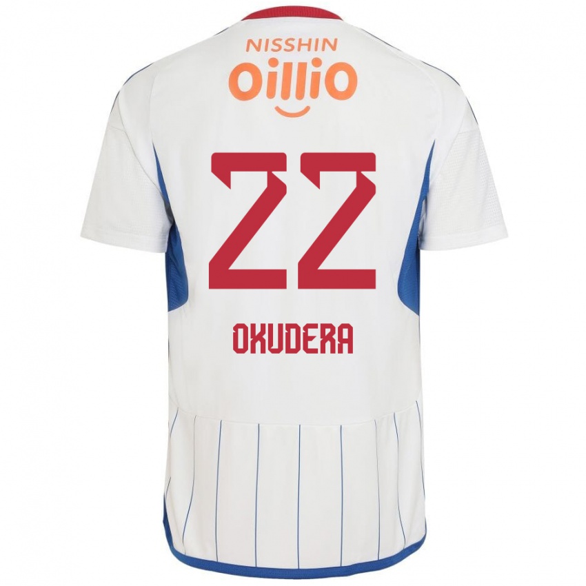 Bambino Maglia Minato Okudera #22 Bianco Blu Rosso Kit Gara Away 2024/25 Maglietta