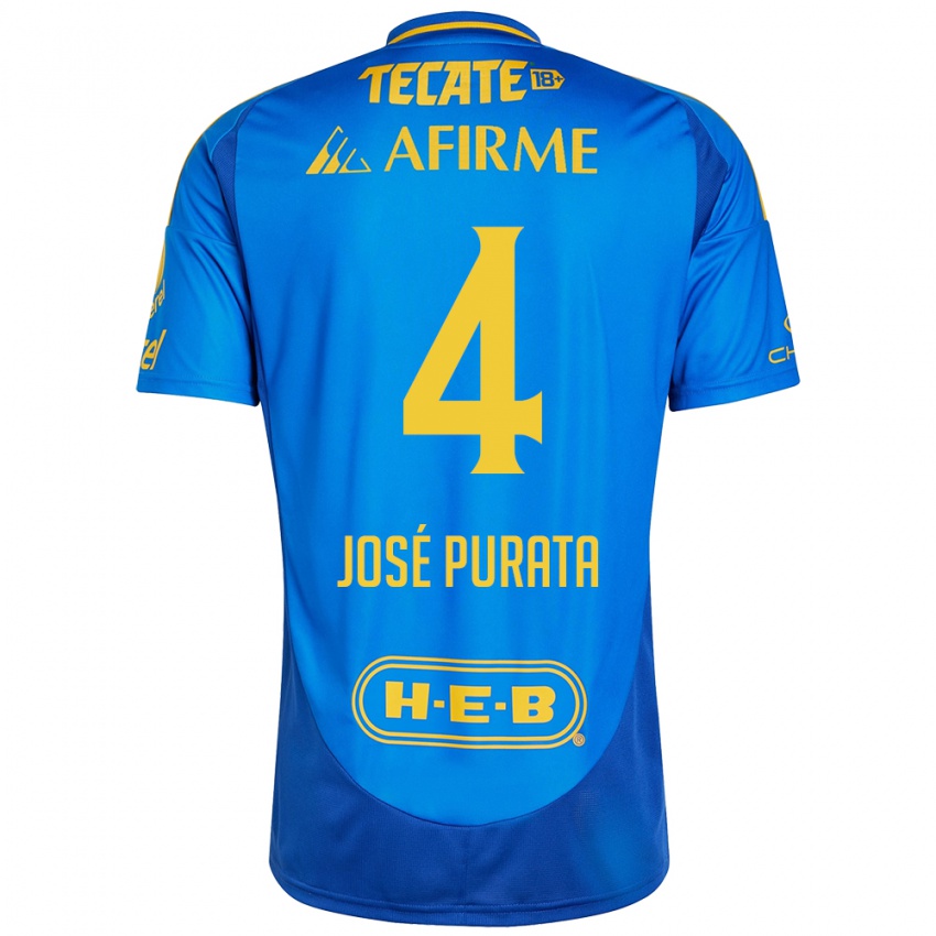 Bambino Maglia Juan Jose Purata #4 Blu Giallo Kit Gara Away 2024/25 Maglietta