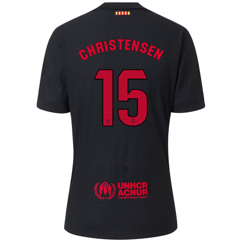 Bambino Maglia Andreas Christensen #15 Nero Rosso Kit Gara Away 2024/25 Maglietta