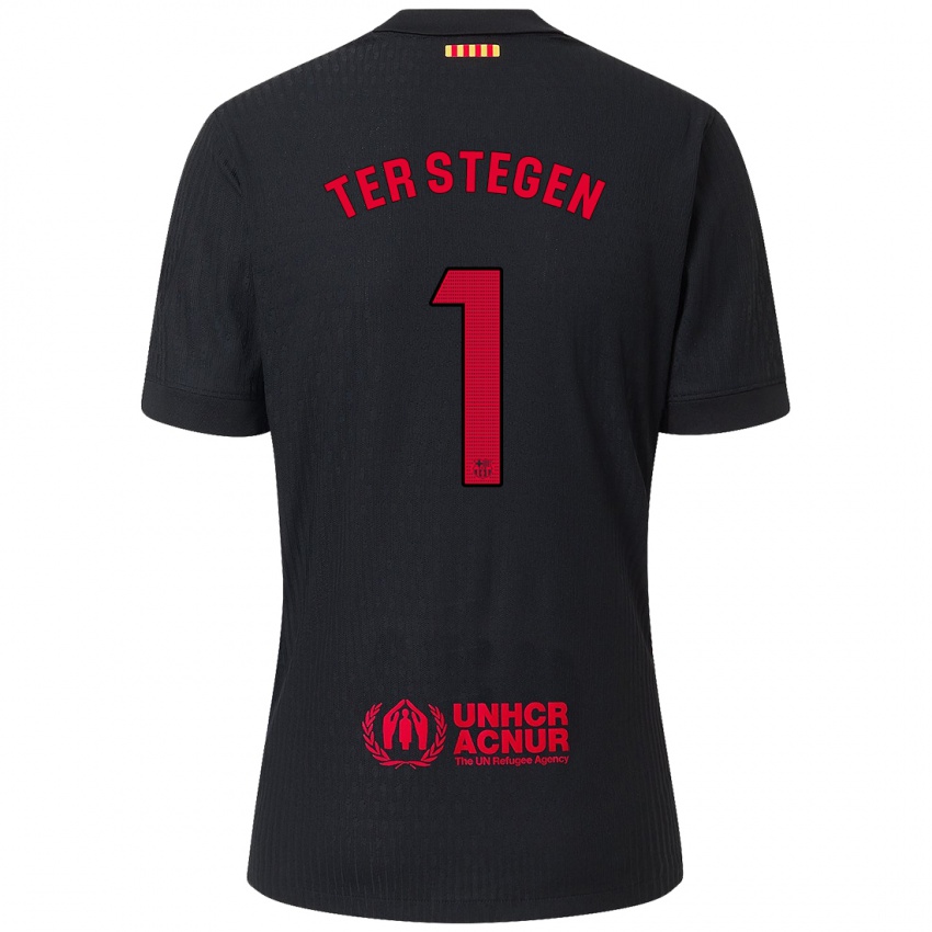 Uomo Maglia Marc-Andre Ter Stegen #1 Nero Rosso Kit Gara Away 2024/25 Maglietta