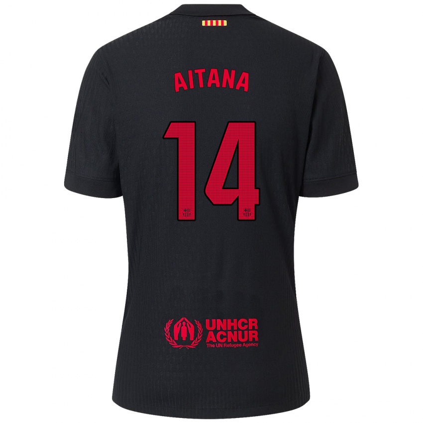 Uomo Maglia Aitana Bonmati #14 Nero Rosso Kit Gara Away 2024/25 Maglietta