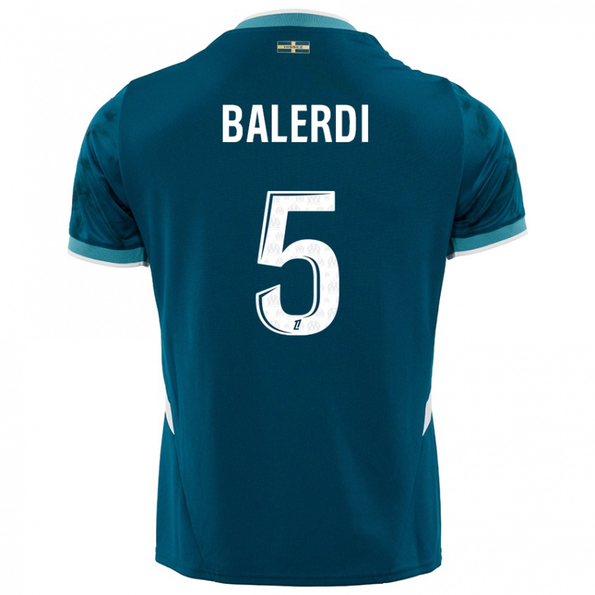 Uomo Maglia Leonardo Balerdi #5 Turchese Blu Kit Gara Away 2024/25 Maglietta