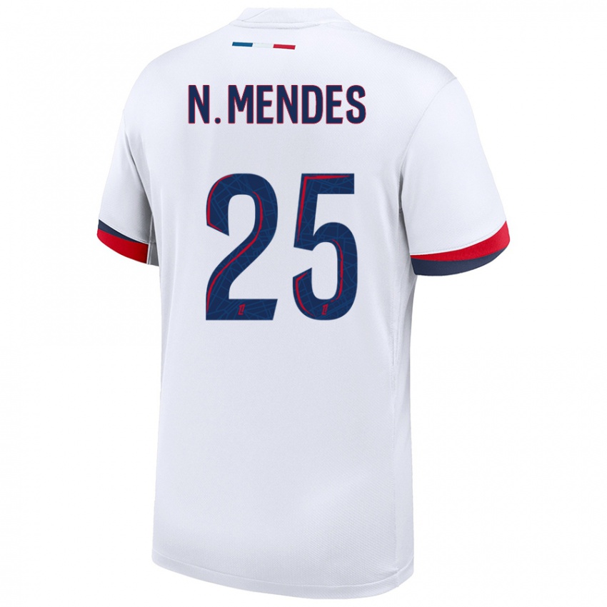 Uomo Maglia Nuno Mendes #25 Bianco Blu Rosso Kit Gara Away 2024/25 Maglietta