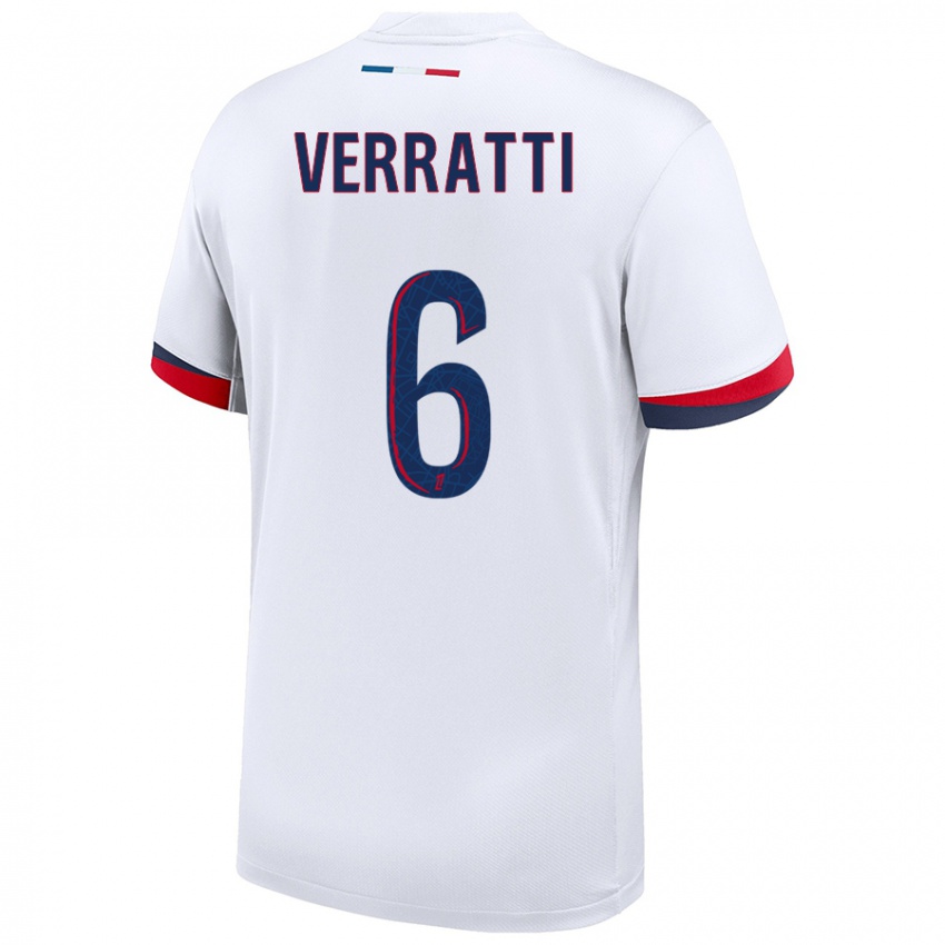 Uomo Maglia Marco Verratti #6 Bianco Blu Rosso Kit Gara Away 2024/25 Maglietta