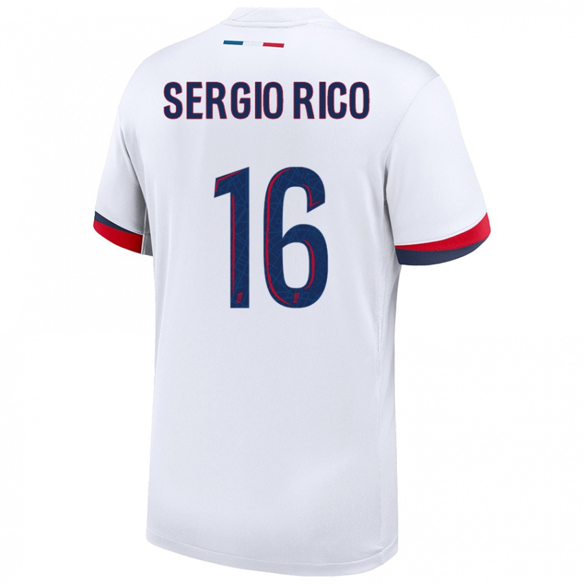 Uomo Maglia Sergio Rico #16 Bianco Blu Rosso Kit Gara Away 2024/25 Maglietta