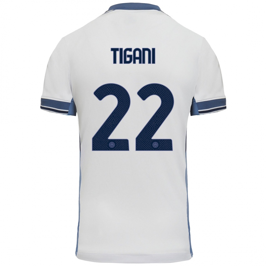 Donna Maglia Edoardo Tigani #22 Bianco Grigio Kit Gara Away 2024/25 Maglietta