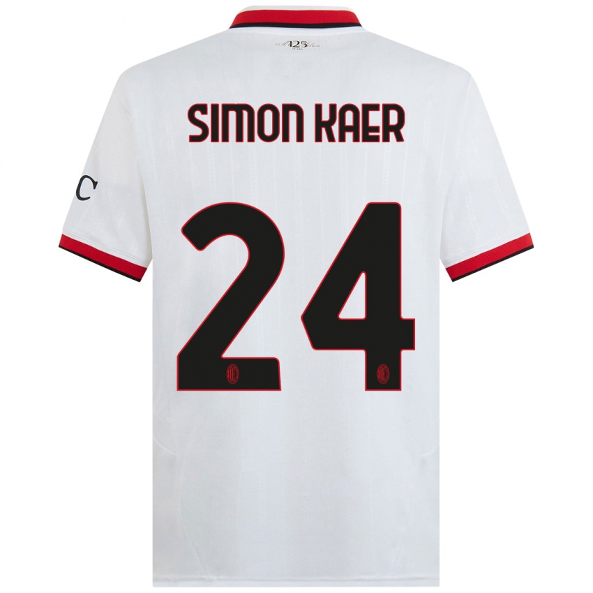 Donna Maglia Simon Kaer #24 Bianco Nero Rosso Kit Gara Away 2024/25 Maglietta