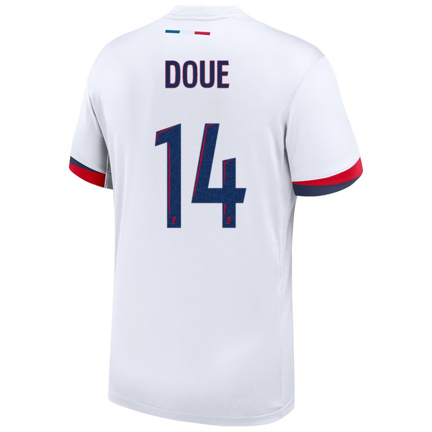 Donna Maglia Désiré Doué #14 Bianco Blu Rosso Kit Gara Away 2024/25 Maglietta