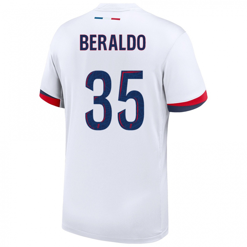 Donna Maglia Lucas Beraldo #35 Bianco Blu Rosso Kit Gara Away 2024/25 Maglietta