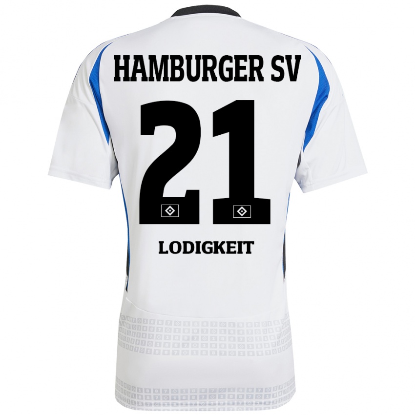 Bambino Maglia Luis Lodigkeit #21 Bianco Blu Kit Gara Home 2024/25 Maglietta