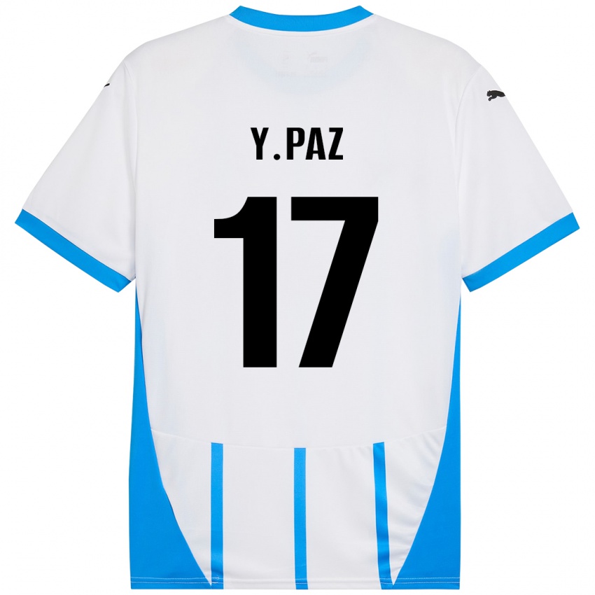 Bambino Maglia Yeferson Paz #17 Bianco Blu Kit Gara Away 2024/25 Maglietta