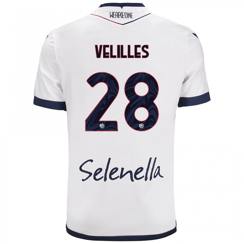 Bambino Maglia Aarón Velilles #28 Bianco Blu Reale Kit Gara Away 2024/25 Maglietta