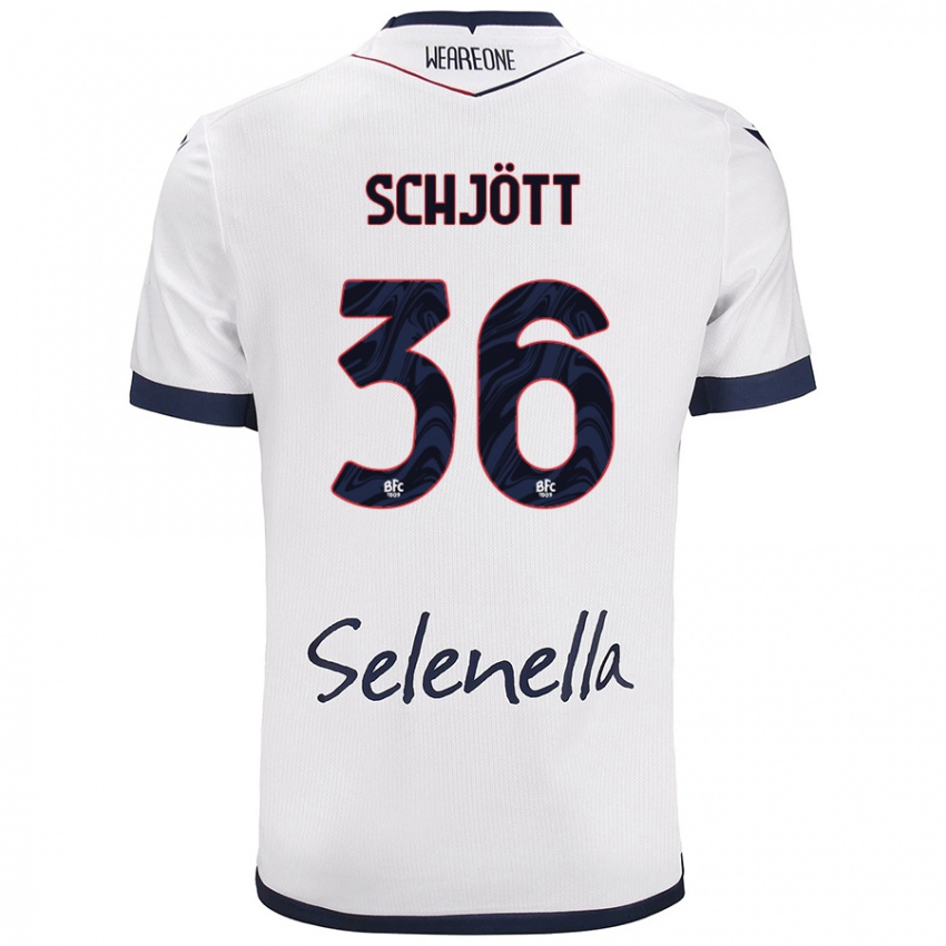 Bambino Maglia Gustav Schjött #36 Bianco Blu Reale Kit Gara Away 2024/25 Maglietta