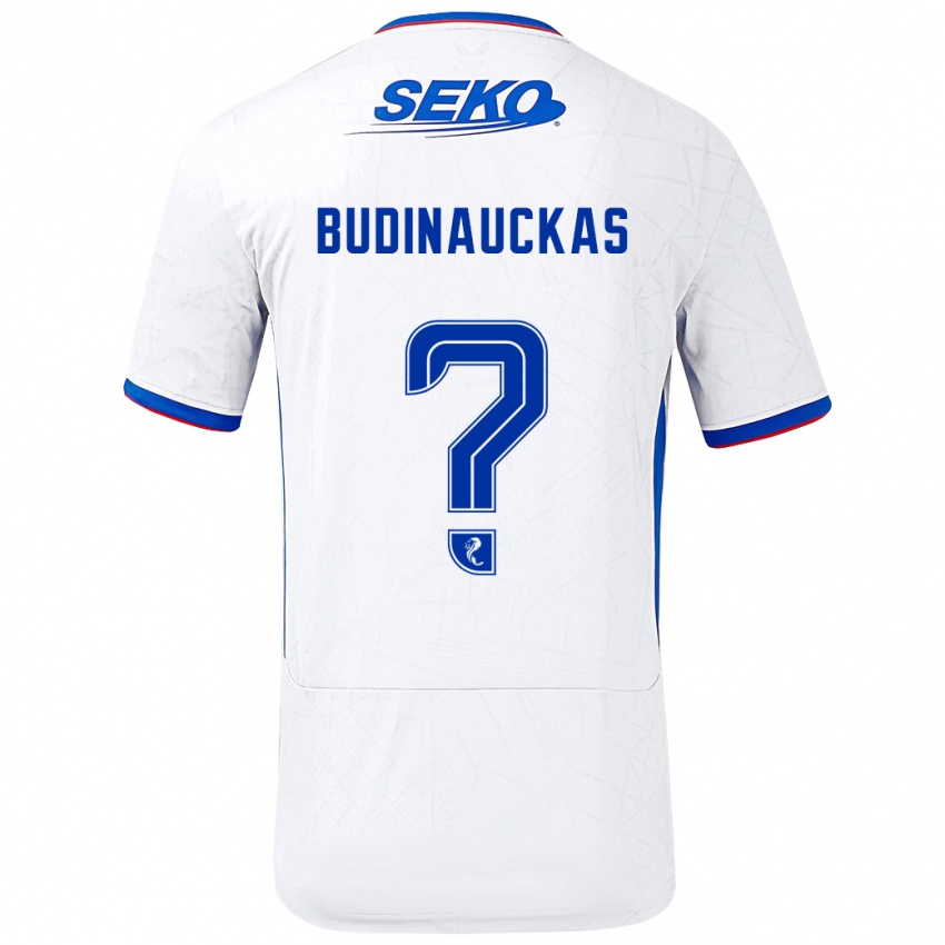 Bambino Maglia Lewis Budinauckas #0 Bianco Blu Kit Gara Away 2024/25 Maglietta