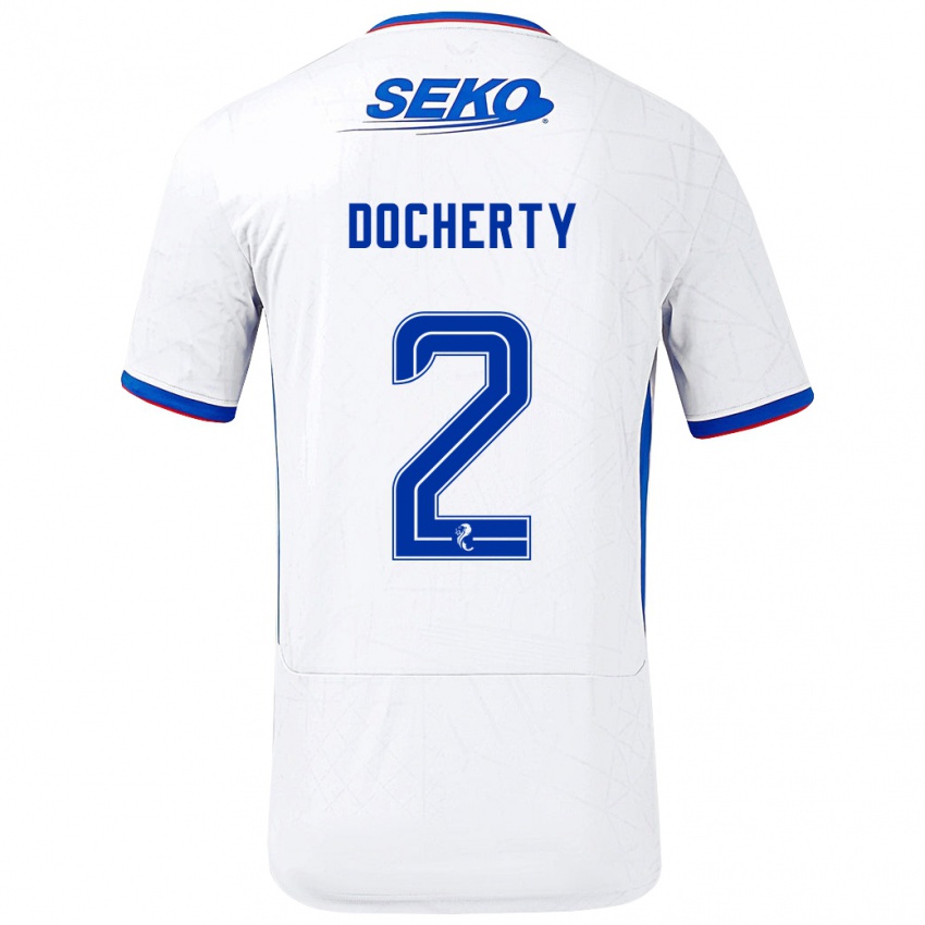 Bambino Maglia Nicola Docherty #2 Bianco Blu Kit Gara Away 2024/25 Maglietta