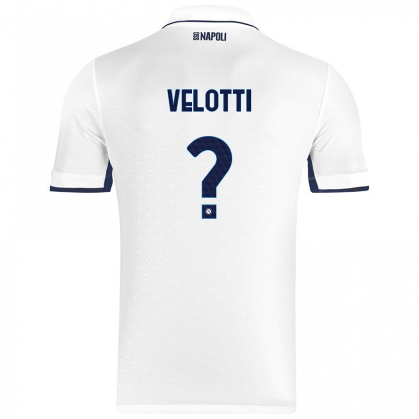 Bambino Maglia Christian Velotti #0 Bianco Blu Reale Kit Gara Away 2024/25 Maglietta