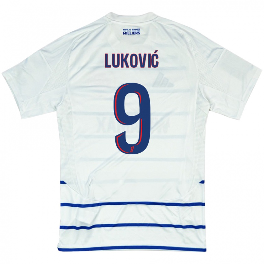 Bambino Maglia Milos Lukovic #9 Bianco Blu Kit Gara Away 2024/25 Maglietta