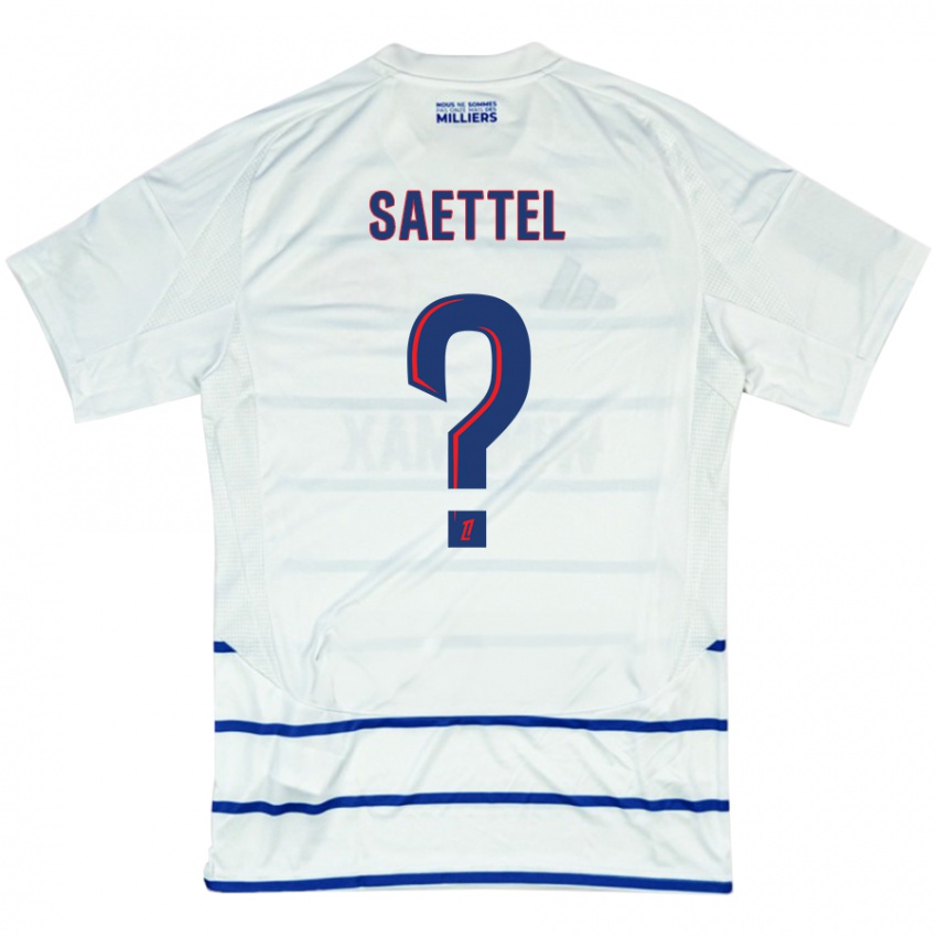 Bambino Maglia Tom Saettel #0 Bianco Blu Kit Gara Away 2024/25 Maglietta