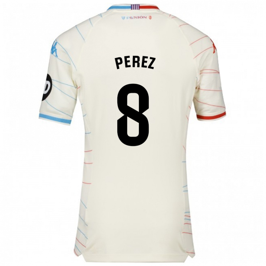 Bambino Maglia Kike Pérez #8 Bianco Rosso Blu Kit Gara Away 2024/25 Maglietta