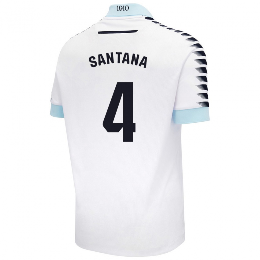 Bambino Maglia María Del Carmen Santana Vázquez #4 Bianco Blu Kit Gara Away 2024/25 Maglietta