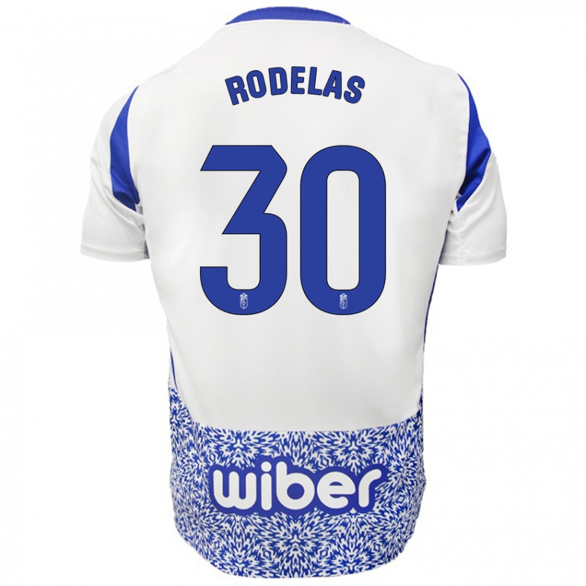 Bambino Maglia Sergio Rodelas #30 Bianco Blu Kit Gara Away 2024/25 Maglietta