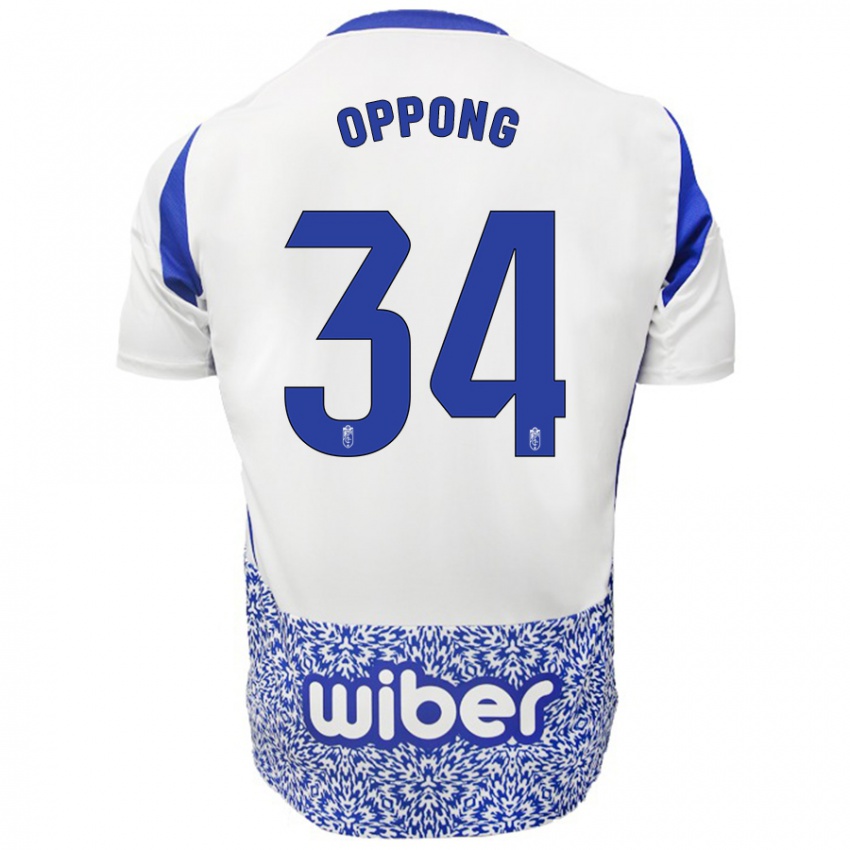 Bambino Maglia Oscar Naasei Oppong #34 Bianco Blu Kit Gara Away 2024/25 Maglietta