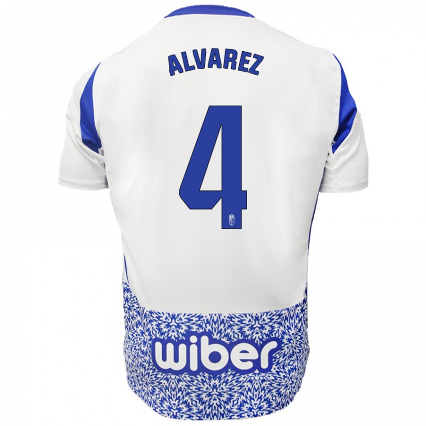 Bambino Maglia Isabel Álvarez #4 Bianco Blu Kit Gara Away 2024/25 Maglietta