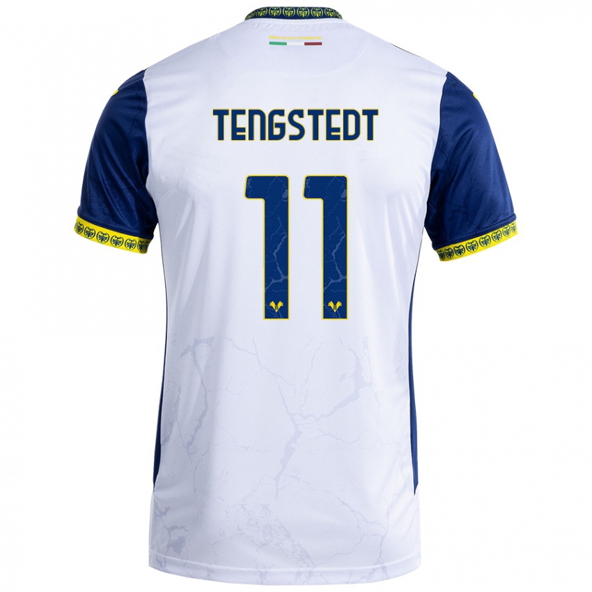 Bambino Maglia Casper Tengstedt #11 Bianco Blu Kit Gara Away 2024/25 Maglietta