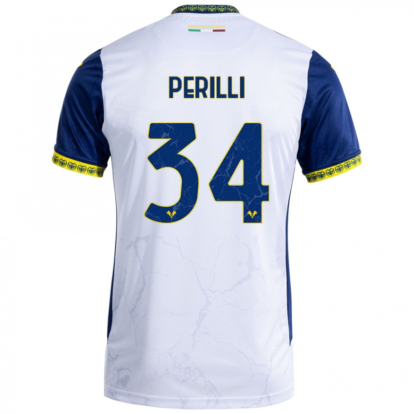 Bambino Maglia Simone Perilli #34 Bianco Blu Kit Gara Away 2024/25 Maglietta