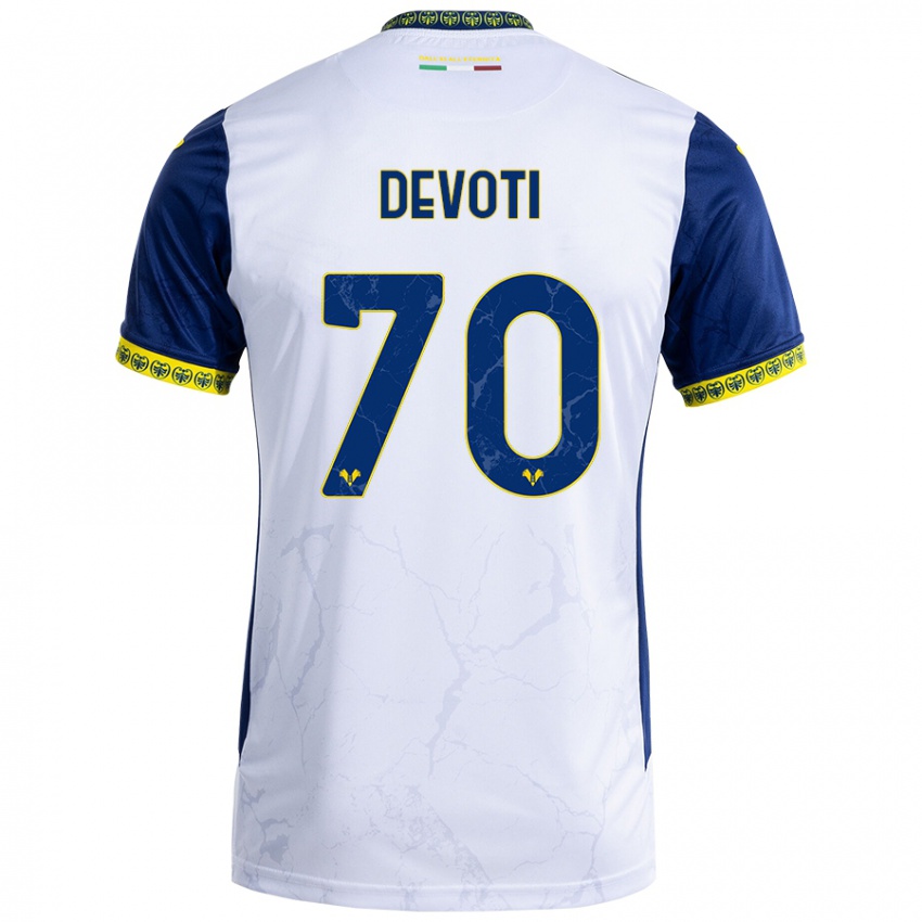 Bambino Maglia Andrea Devoti #70 Bianco Blu Kit Gara Away 2024/25 Maglietta