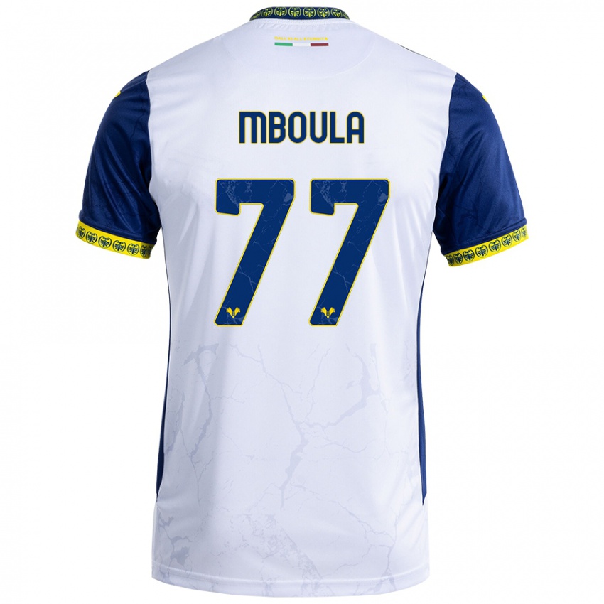 Bambino Maglia Jordi Mboula #77 Bianco Blu Kit Gara Away 2024/25 Maglietta