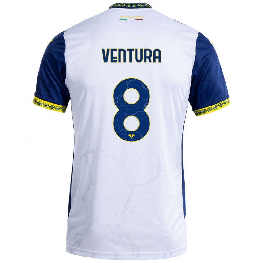 Bambino Maglia Ciro Ventura #8 Bianco Blu Kit Gara Away 2024/25 Maglietta