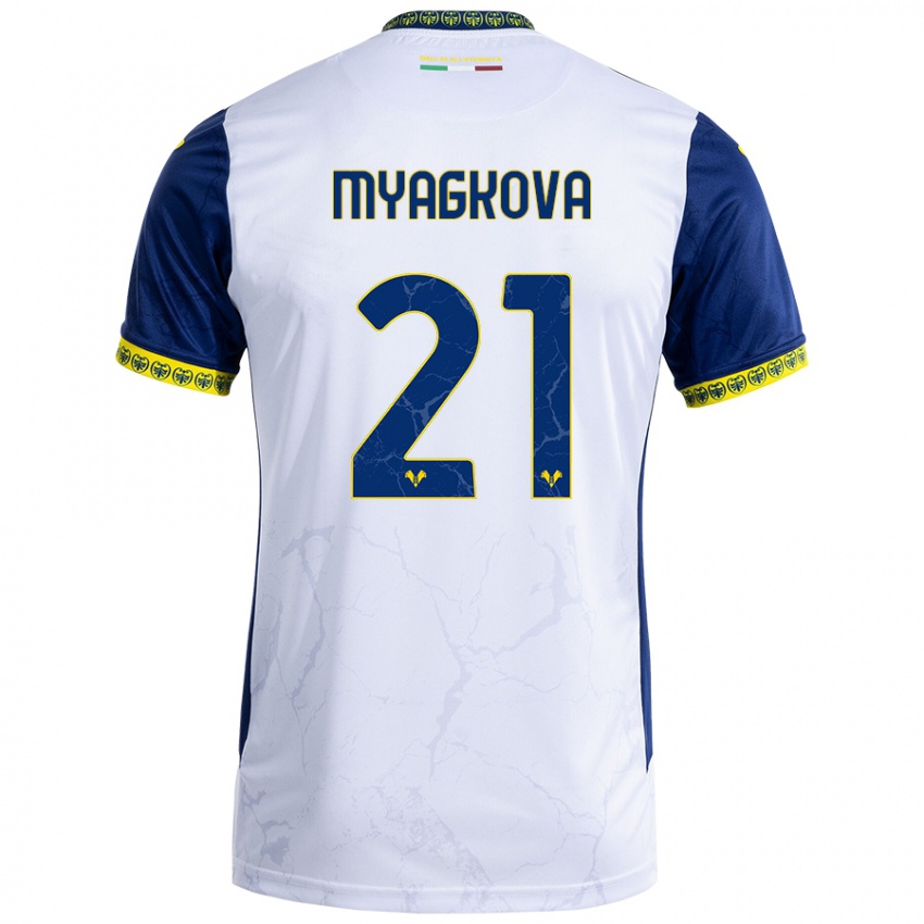 Bambino Maglia Alina Myagkova #21 Bianco Blu Kit Gara Away 2024/25 Maglietta