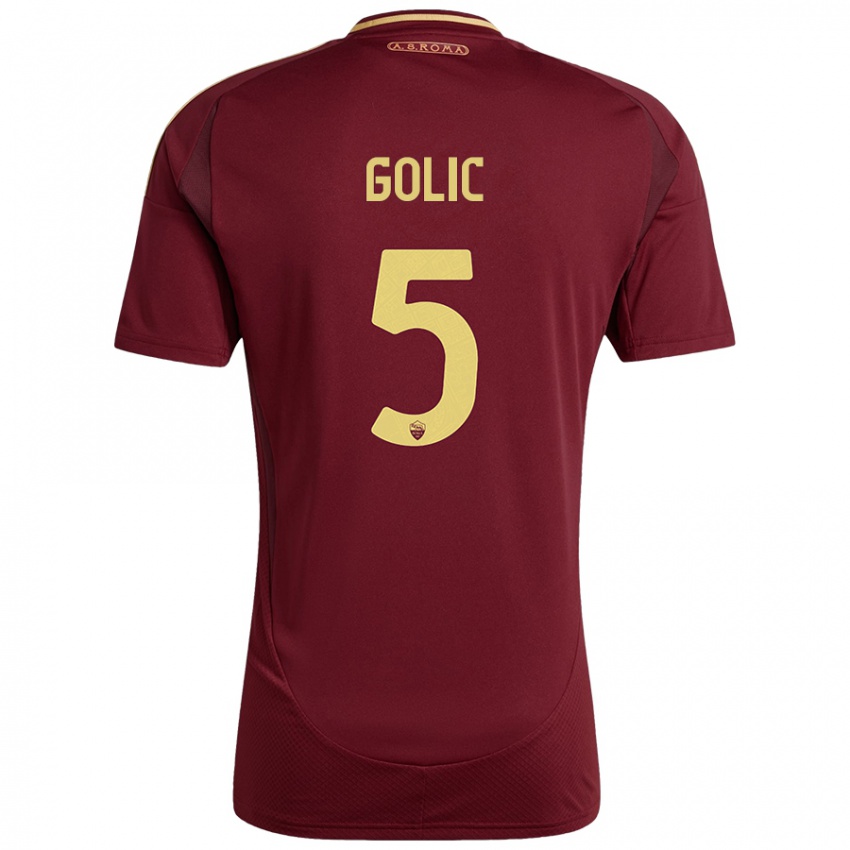 Uomo Maglia Lovro Golic #5 Rosso Marrone Oro Kit Gara Home 2024/25 Maglietta