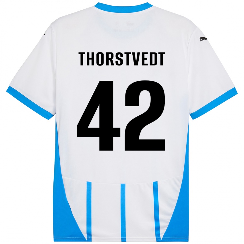 Uomo Maglia Kristian Thorstvedt #42 Bianco Blu Kit Gara Away 2024/25 Maglietta