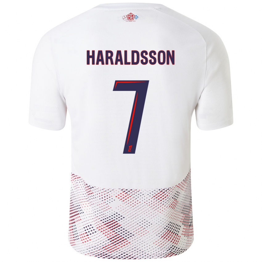 Uomo Maglia Hákon Arnar Haraldsson #7 Bianco Blu Reale Kit Gara Away 2024/25 Maglietta