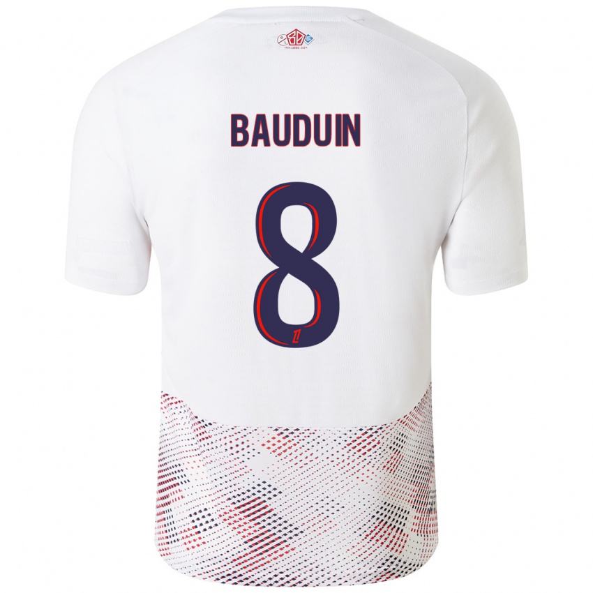 Uomo Maglia Justine Bauduin #8 Bianco Blu Reale Kit Gara Away 2024/25 Maglietta