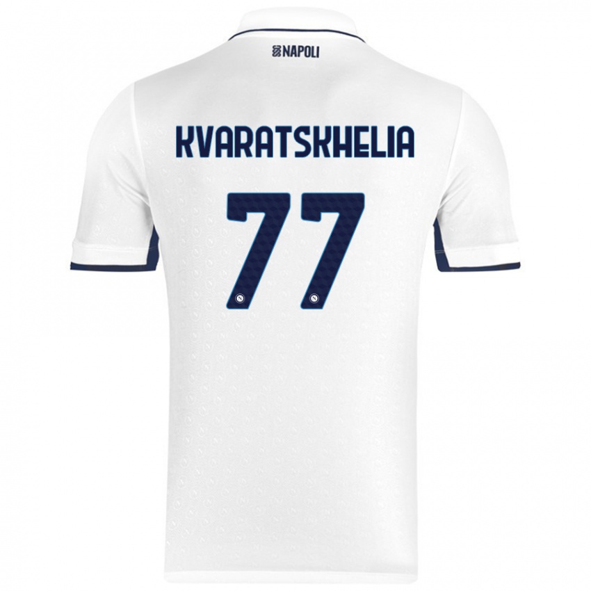 Uomo Maglia Khvicha Kvaratskhelia #77 Bianco Blu Reale Kit Gara Away 2024/25 Maglietta