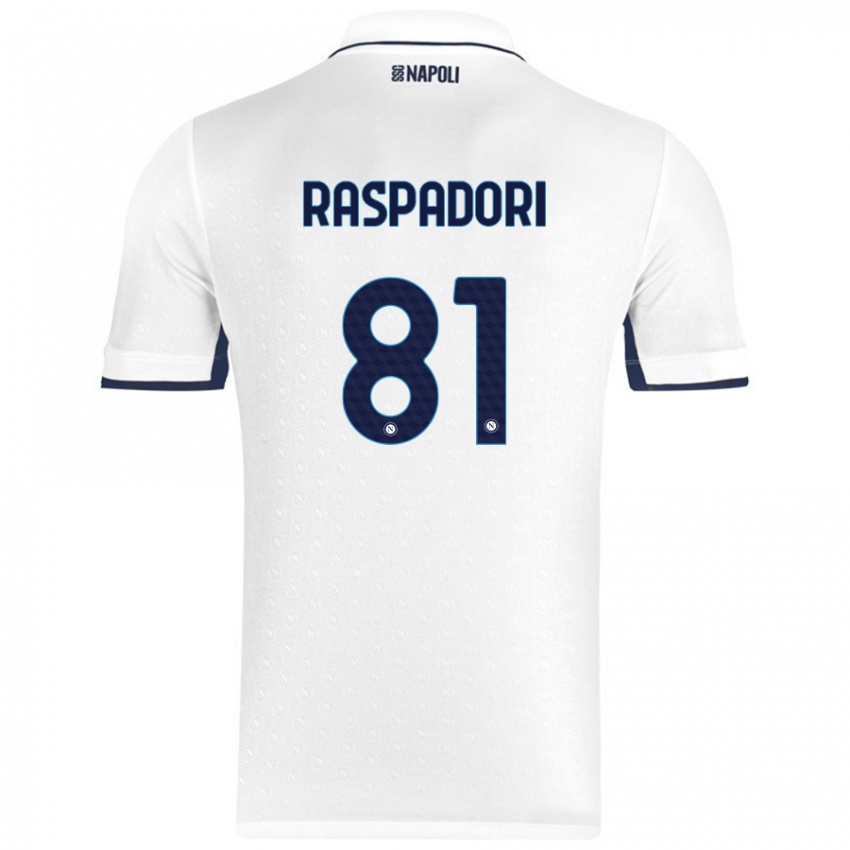 Uomo Maglia Giacomo Raspadori #81 Bianco Blu Reale Kit Gara Away 2024/25 Maglietta